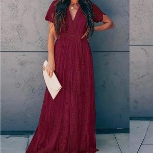 Wine v-neck Lace short‎ sleeve Dress